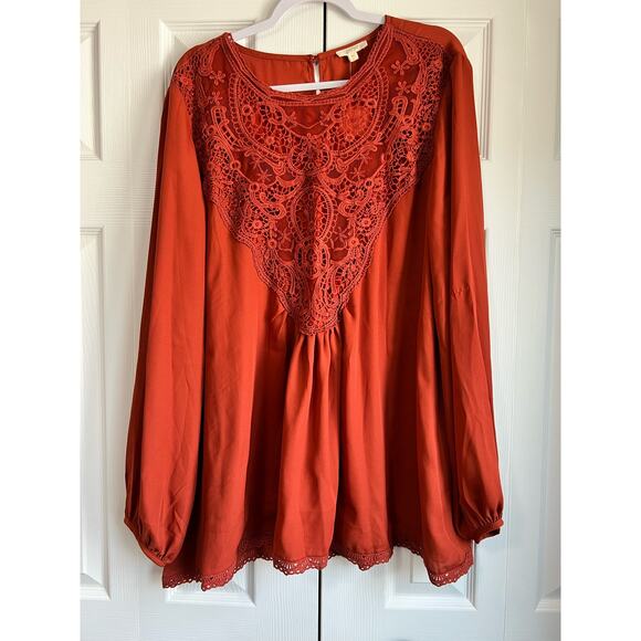 Oddy Crochet Detailed Loose-Fit Blouse Burnt Orange Boho Shift Top Plus Size 3x - Picture 1 of 8